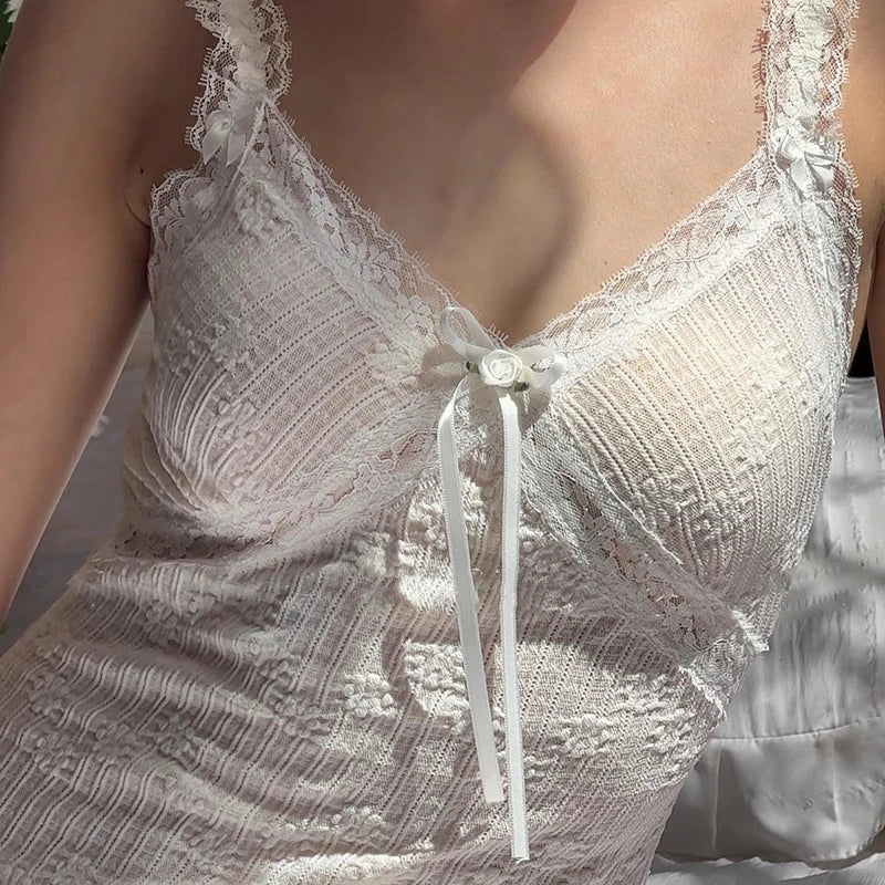 qgtao Lace Patchwork White Elegant Mini Dress V Neck Sleeveless Y2K Girly Layered Dresses Korean Women Summer Cute Hotsweet