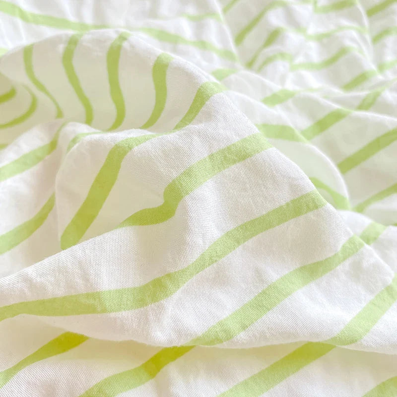 Yeknu Green Striped Duvet Cover Pillowcase and Solid Color Sheet INS Bedding Set Adult Girls Bedclothes Washed Cotton Bed Linens