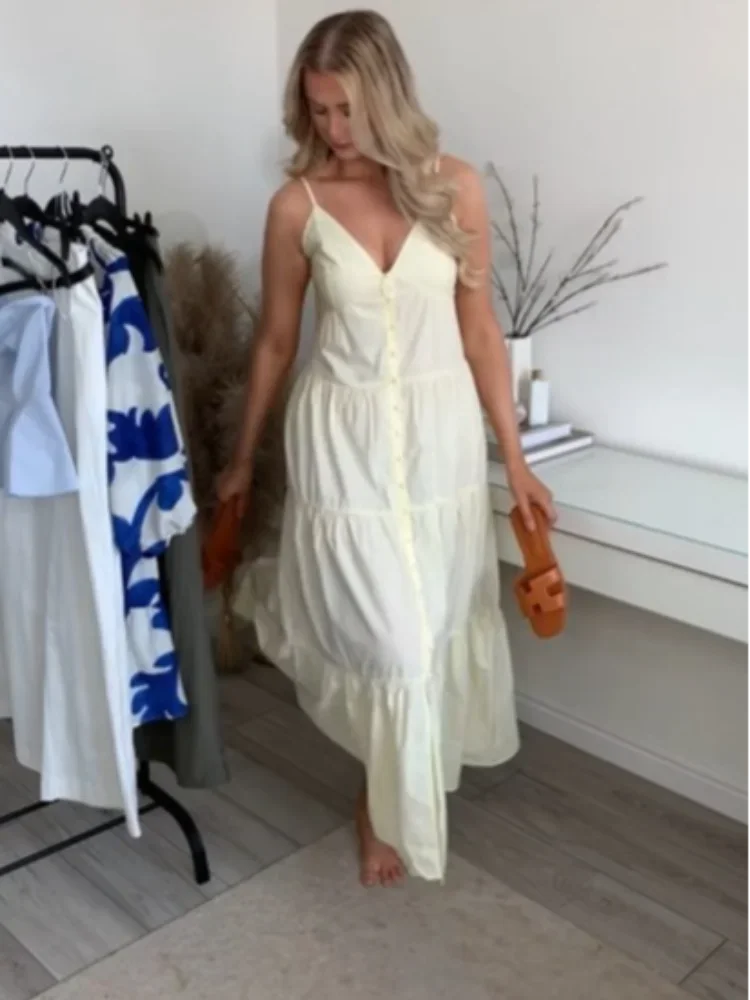 qgtao  -  Summer Women Sexy Sleeveless Backless Pleated Hem Maxi Dress Female Elegant Solid Single-breasted Strap Dresses Lady Partywear