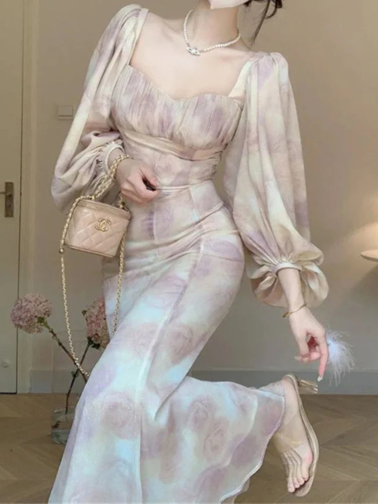 qgtao French Skirt Suit Female Spring Summer New Square Collar Lantern Sleeve Top Slim High Waist Long Skirt Two-Piece Sets Women