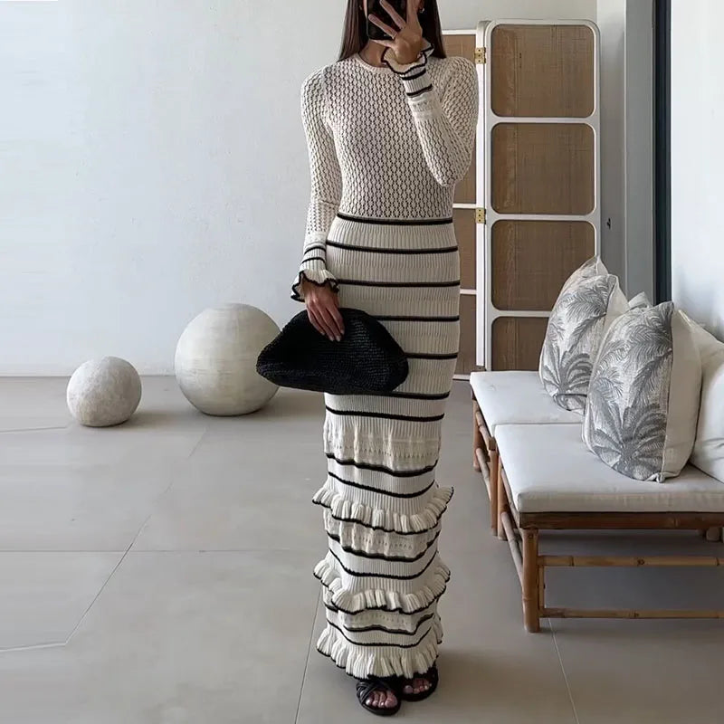 qgtao - Elegant O-neck Ruffle Hollow Knitted Dress 2024 Fashion Colour Blocking Slim Party Dress Women Casual Long Sleeves Long Dresses