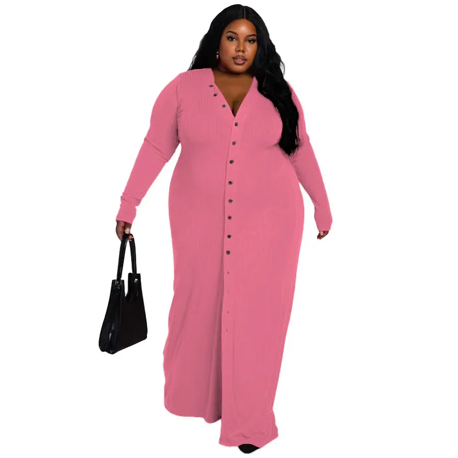 qgtao casual Plus size long one piece dress Elegant V neck long sleeve Button solid color dresses  High Waist Slit vestido feminino