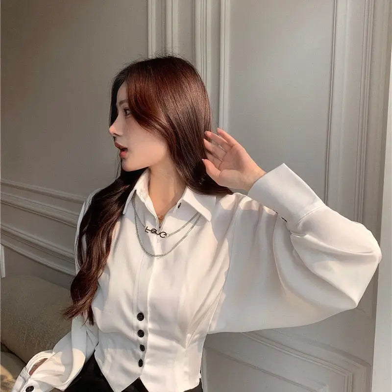 Vintage Elegant Button Solid Chiffon Shirt Spring Autumn 2022 New Polo-Neck Long Batwing Puff Sleeve Slim Blouse Women's Clothes
