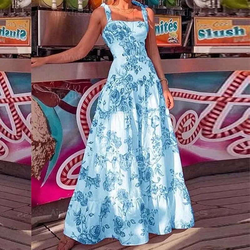 qgtao Long Dresses For Women Flower Printed Spaghetti Strap High Waist Large Skirt Hem Ladies Maxi Dress 2023 Summer Boho Beach Party