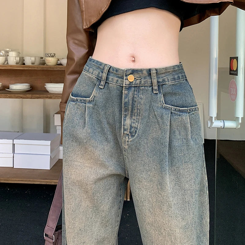 qgtao Retro American Do Old Basic Simple Woman Jeans New Loose Slim Chicl Woman Jeans High Waiste Fashion Street Pants Female