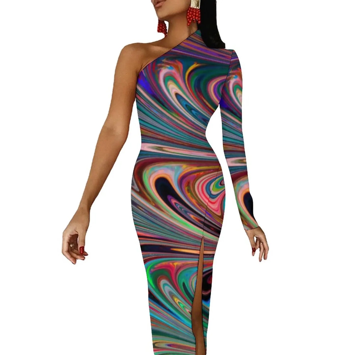 Neon Paint Long Dress Women Graffiti Splatter Print Party Maxi Dress Summer Long Sleeve Sexy Bodycon Dresses Side Split Clothes