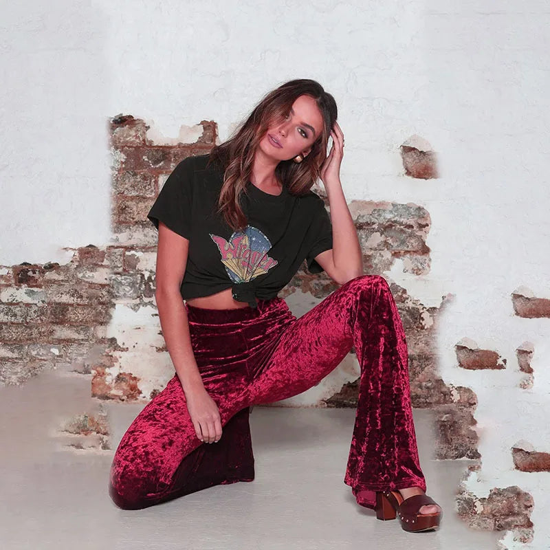 Wide Leg Pants Women Korean Fashion Vintage High Waist Flare Pants Pantalones de Mujer Gold Velvet Trousers Pleuche