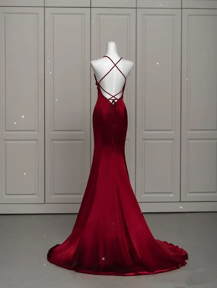qgtao Wine Red Prom Dress Sexy V-neck Ribbon Lace Up Beading Mermaid Backless Zipper Satin Enegagement Fashion Robe Formal Gowns 2024