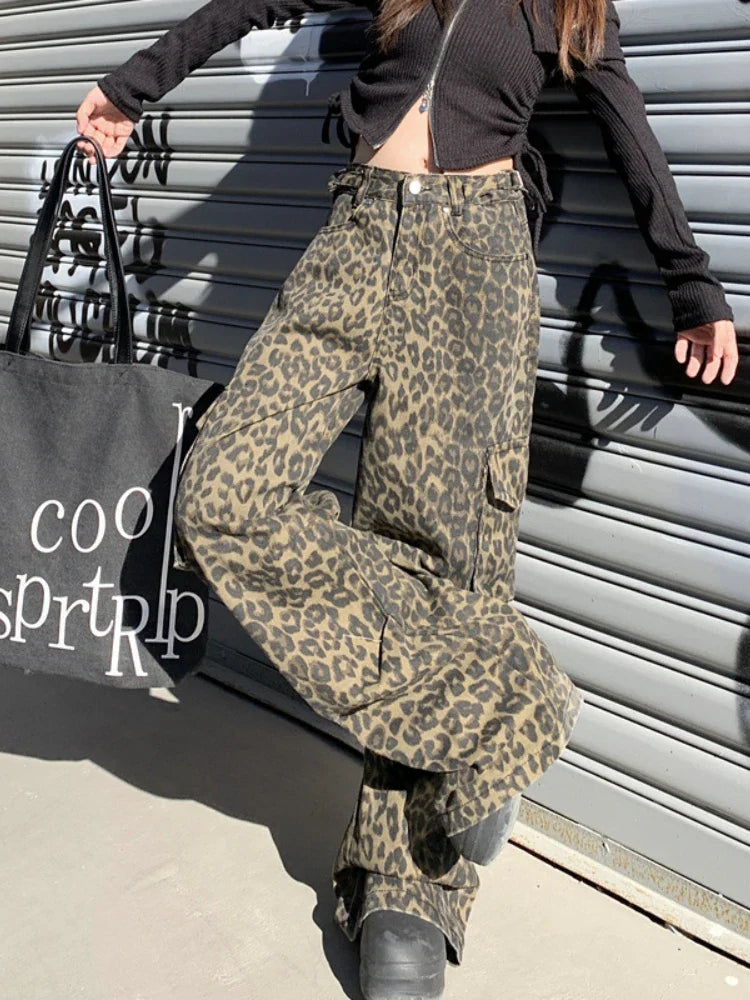 qgtao Leopard Print Pants Women Y2K High Waist Multiple Pockets Vintage Trousers Streetwear Hip Hop Loose Wide Leg Cargo Jeans