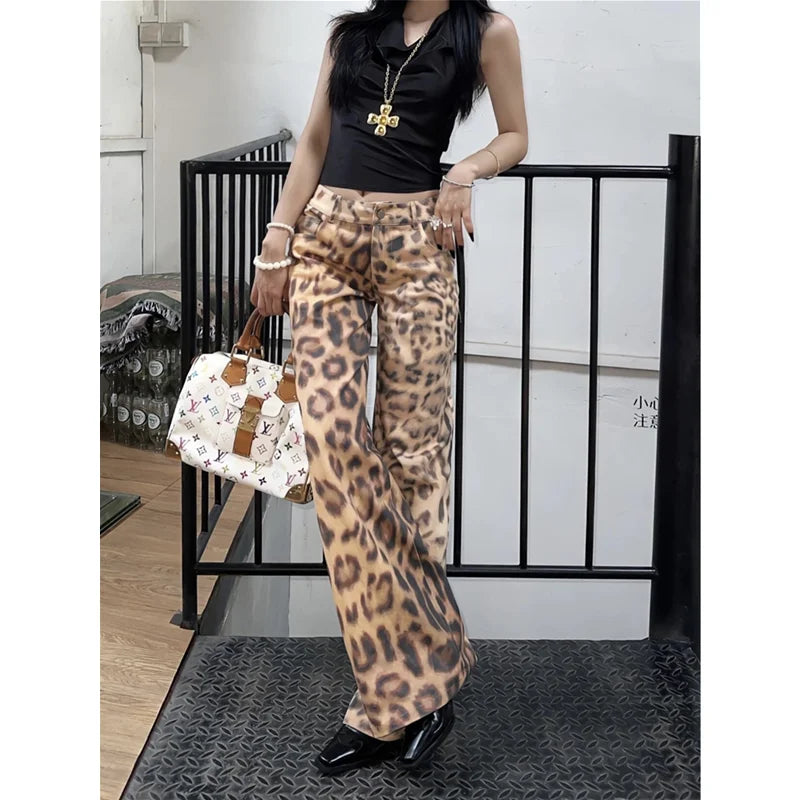 qgtao - Women Jeans Hip-hop Fashion Vintage Streetwear Y2K Wide Leg Straight Jean High Waist Leopard Print Trouser Baggy Denim Pants