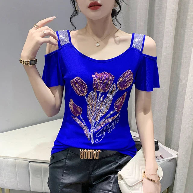 Runway Fashion European Women's Clothes Sexy Off Shoulder Letter Shiny Diamonds T-Shirts Luxury Brand Mesh Tees Tops Blouse