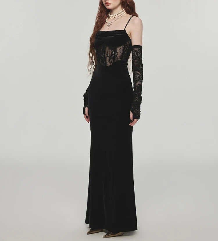 qgtao Sexy Bodycon Maxi Dress Women  Evening Party Prom Robe Wedding Vestidos Mujer Velvet Lace Patchwork Spaghetti Strap Slim Mermaid