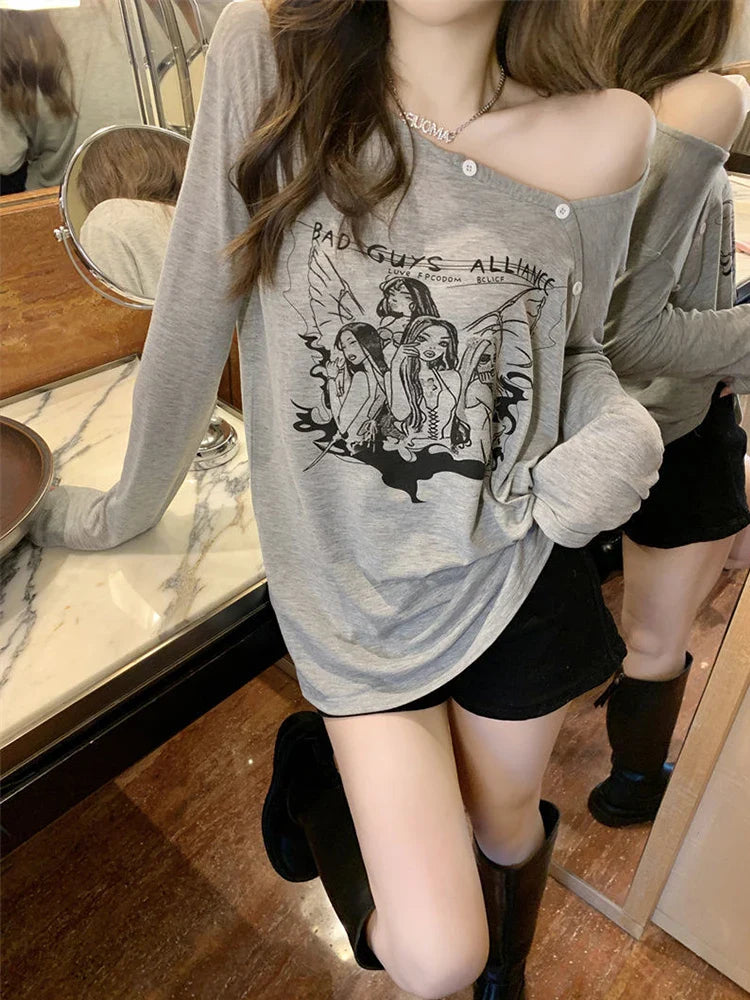qgtao Grunge T-shirt Women Sexy Off Shoulder Tops Ladies Graffiti Letter Print Tee Female Y2k Aesthetic Long Sleeve Tees Streetwear