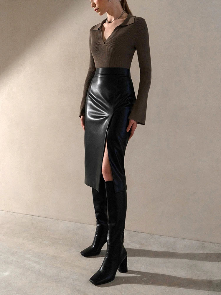 2024Women Sexy Midi Leather Skirts Solid Black High Waist Office Pencil Slit Skirt For Women