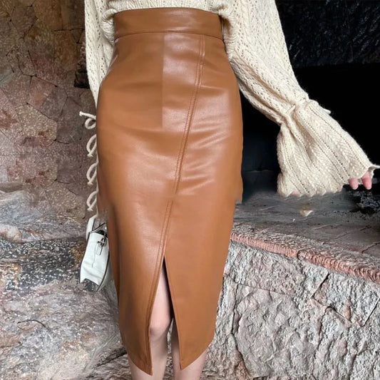 Simplicity Commute Solid Color Temperament Leather Skirts for Women Slim High Waist Split Sexy Bag Hip Skirts Female Clothing