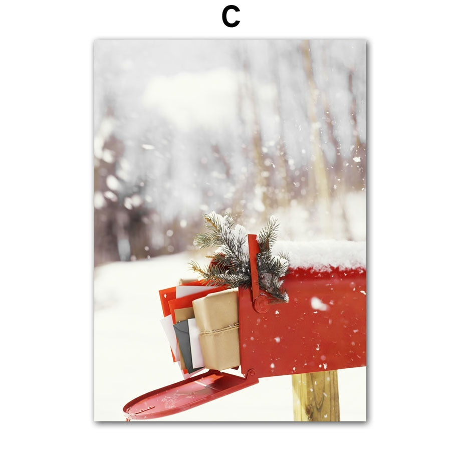 Christmas Gift Winter Red House Vintage Car Wall Art Canvas Painting Living Room Decoration Posters And Prints Wall Pictures