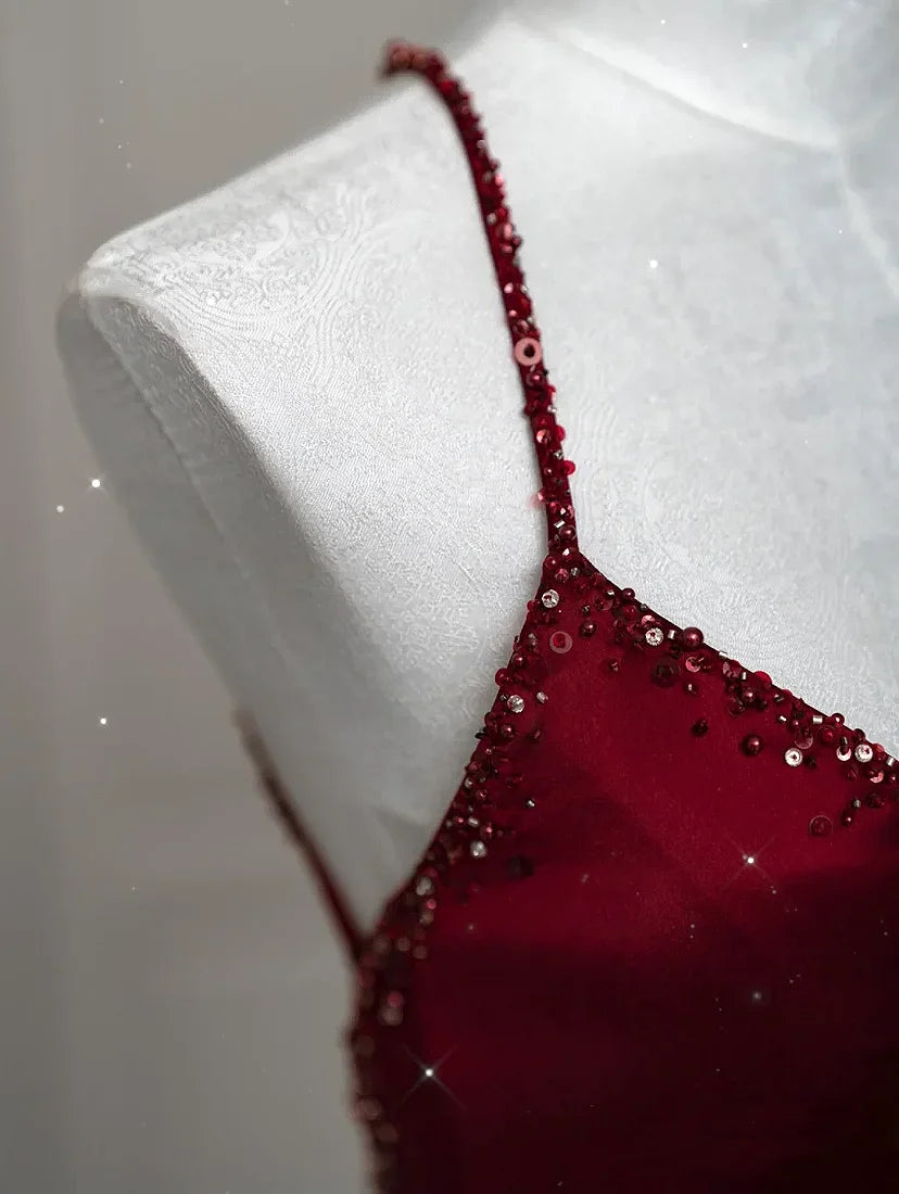 qgtao Wine Red Prom Dress Sexy V-neck Ribbon Lace Up Beading Mermaid Backless Zipper Satin Enegagement Fashion Robe Formal Gowns 2024