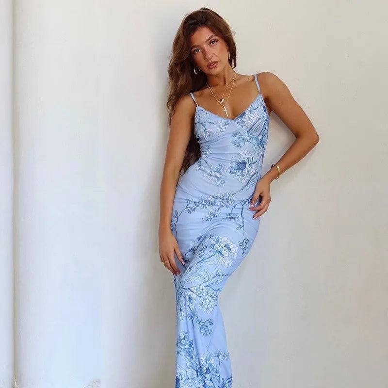 qgtao Sexy Floral Print Suspender Maxi Dress Women Strap V Neck Slim 2024 Boho Vacation Romantic Beach Party Long Dresses