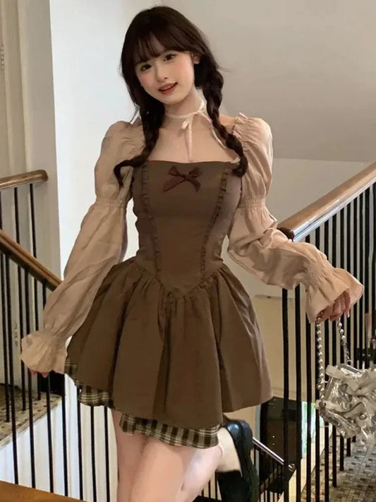 qgtao Deeptown Kawaii Korean Style Brown Mini Lolita Dress Women Cute Fairycore Vintage One Piece Long Sleeve Tunic Evening Dresses