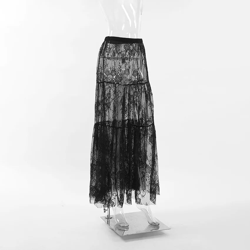 HOUZHOU Black Long Lace Skirt Women Summer Sexy High Waist A-line Casual Transparent Midi Skirt Party Evening Dress Female