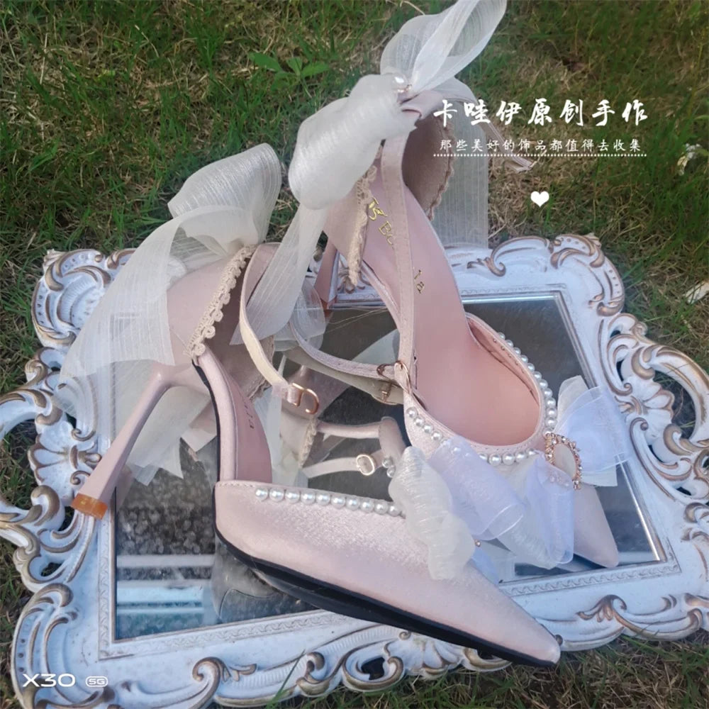 qgtao Kawaii Girls Spring Pearl Pointed Sandals High Heel Sweet Lolita Shoes Lace Bowknot Princess Cute Girl Women Lolita Shoes Cos