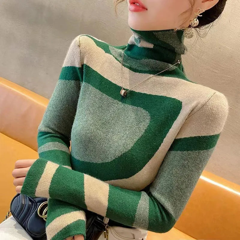Women's Turtleneck Slim Fashion Knitted Sweater Spring New Y2k Chic All-match Vintage Wool Pullovers Daily Casual Soft Knitwear