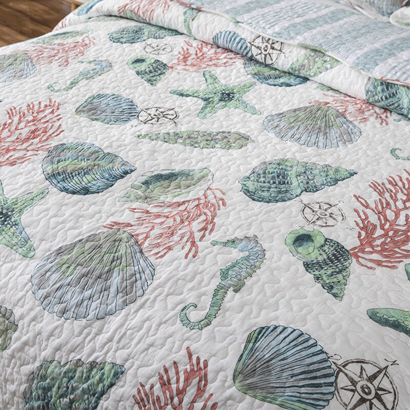 Yeknu Double Bed Cotton Print Sea Life 3 Piece Quilted Quilt Pillowcase Free Shipping