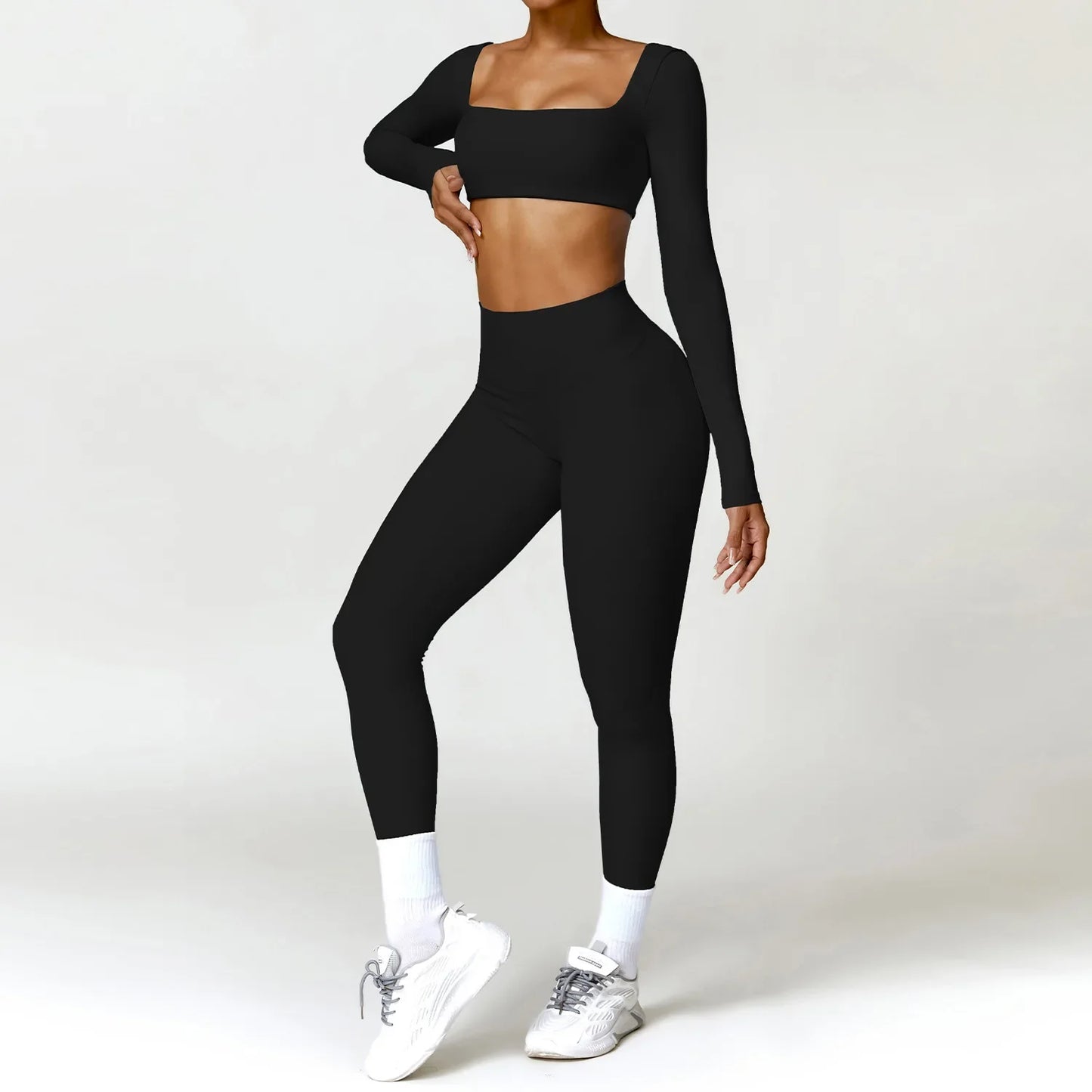 qgtao Yoga Set 2PCS Women Gym Long Sleeve Seamless Sportswear Workout Clothes Athletic Wear Legging Fitness Bra Crop Top Sports Suits