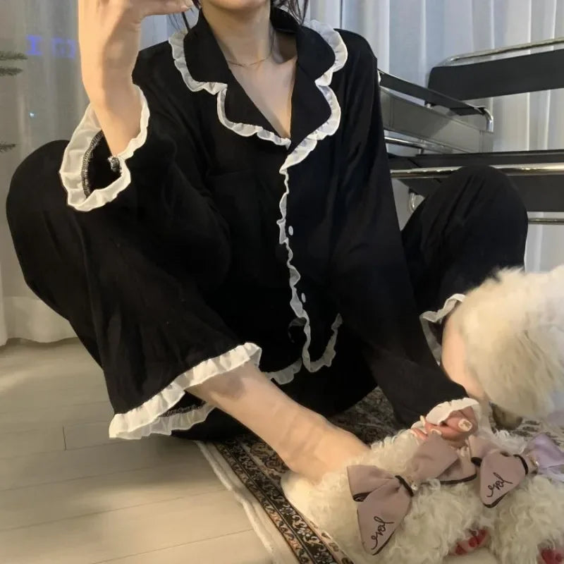 qgtao Spring Autumn Pajamas Women's Winter Sleepwear Set Korean Version of Ins Style Cute Long Sleeve Trousers Set Female Loungewear