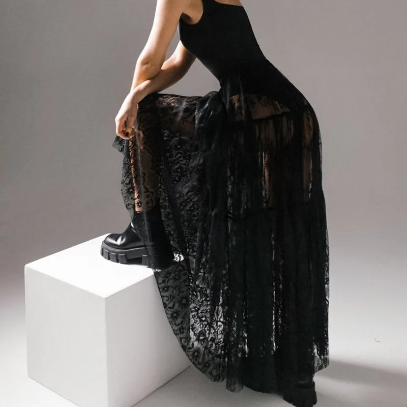 HOUZHOU Black Long Lace Skirt Women Summer Sexy High Waist A-line Casual Transparent Midi Skirt Party Evening Dress Female