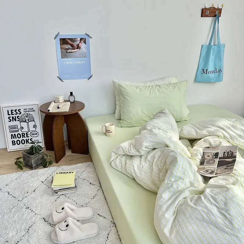 Yeknu Ins Style Bedding Set Duvet Cover Wash Cotton Stripe Summer Soft Cool Summer Bed Sheet Set Comforter Set Quilt Cover