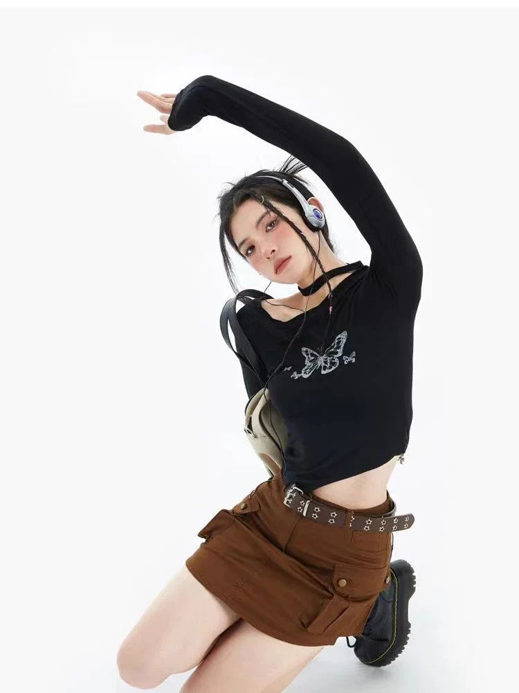 Butterfly T-shirt Women Graphic Top Girl Sexy Off Shoulder Long Sleeve Top Female Harajuku Slim Fashion Slim Gothic Tees Summer