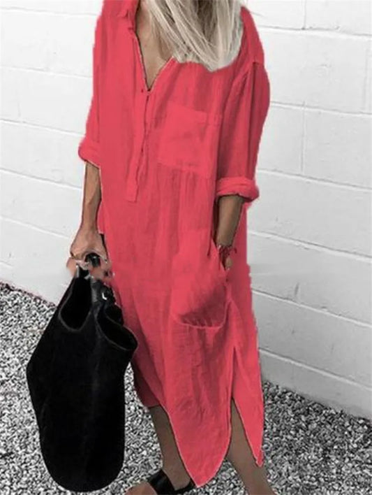 qgtao Plus Size Summer Women's Solid Color Split Dress Elegant Casual Button Pocket V-Neck Long Sleeve Lined Long Lined Dress 2024