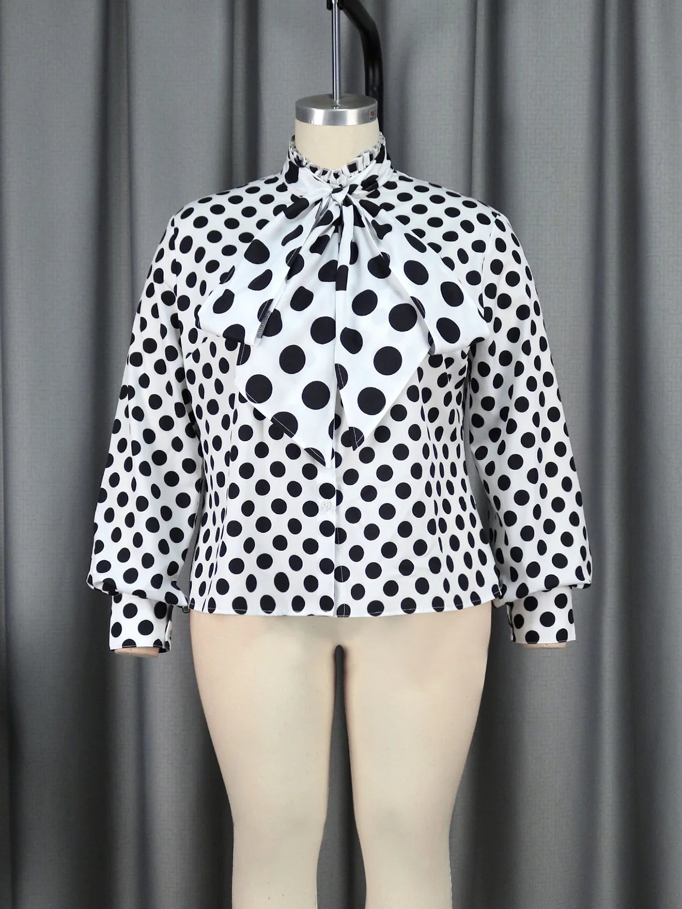 qgtao Plus Size Blouse for Women Black White Printed Long Sleeves Button Up Formal Occasion Office Lady Work Shirts Tops with Bowtie