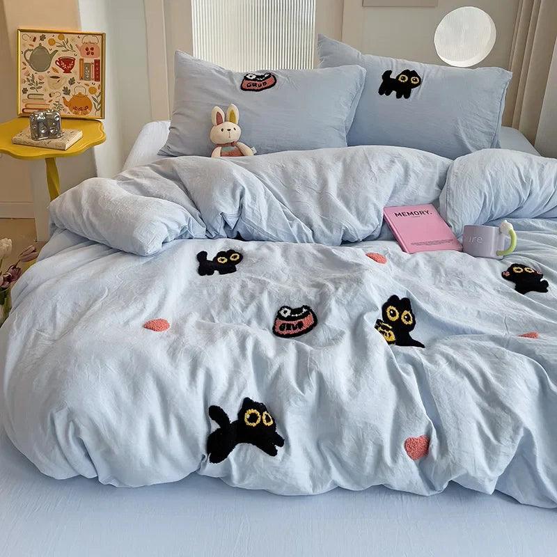 Yeknu Bedding Set Super Soft Washed Cotton Towel Embroidery Duvet Cover Four Piece Set - Lucky Cat Series