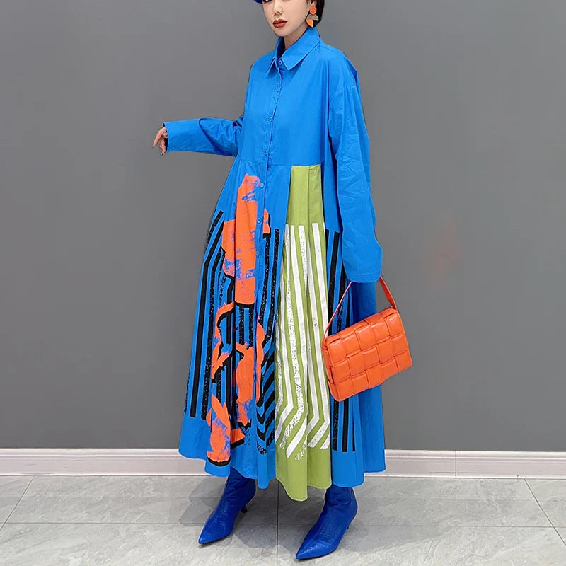 qgtao Big Size Loose Fit Chic New Autumn Woman Long Sleeve Black Blue Print Striped Shirt Dress Korean Style Casual Large Robe JJXD377