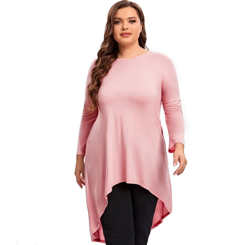 qgtao Plus Size Long Sleeve Elegant Tunic Blouse Women Long Hi Low Fit Flare Spring Autumn Swing Tops T Shirt Large Size Clothing 7XL