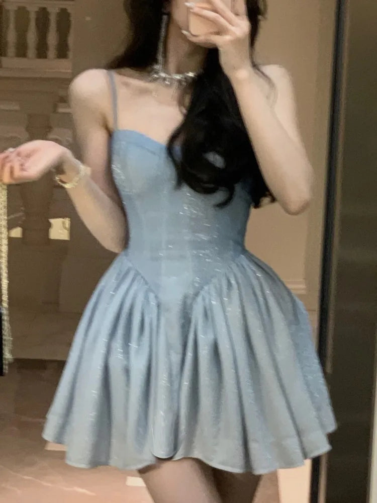 qgtao Elegant Party Short Dresses for Women 2023 New Summer Vintage Spaghetti Strap Casual Female Clothes Wedding Birthday Midi Dress