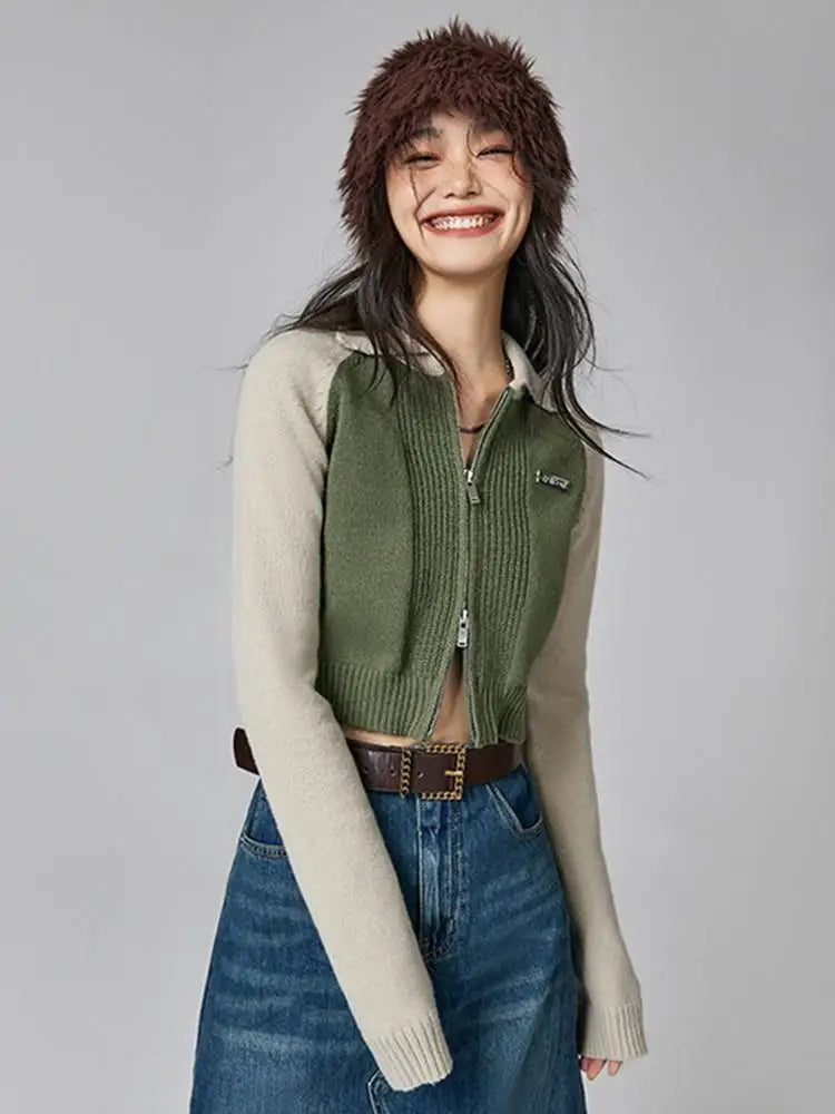 Tonngirls American Retro Knit Cardigan Women Patchwork Slim Y2k Vintage Crop Tops Streetwear Turn Down Collar Cardigan Sweater