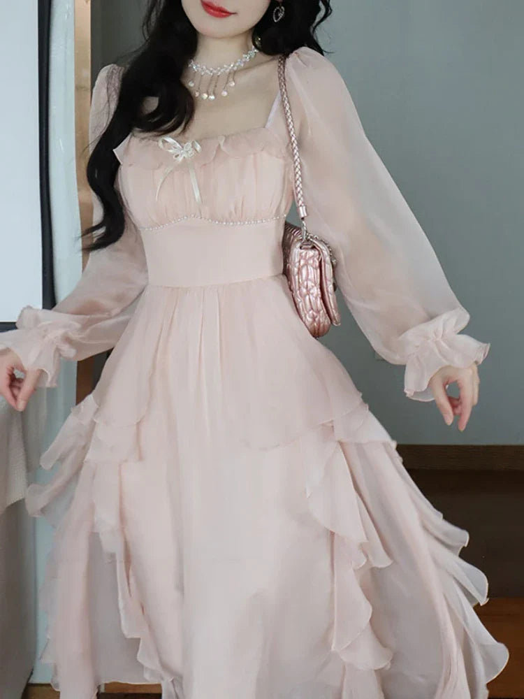 qgtao 2024 Summer Pink Chiffon Vintage Fairy Dress Women Korean Style Elegant Party Midi Dress Female Court Retro Flare Sleeve Dresses