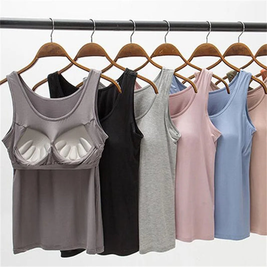 qgtao 2024 Women's Vest Tops with Built In Bra Neck Vest Padded Slim Fit Tank Tops Sexy Shirts Feminino Casual