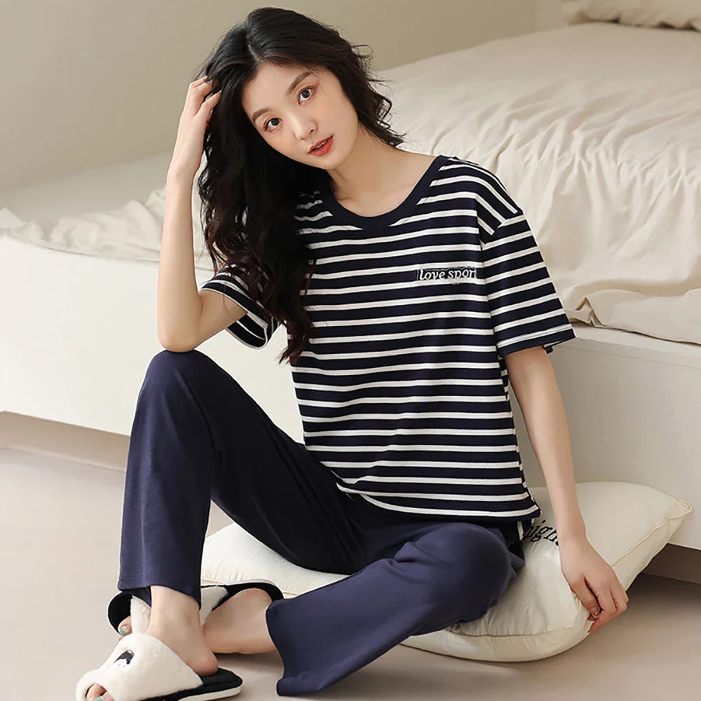 qgtao M-2XL 100% Cotton Women's Pajamas Casual Summer Short Sleeve Thin Pijama Sets Breathable Soft Pajama Sleepwear With Two Pockets