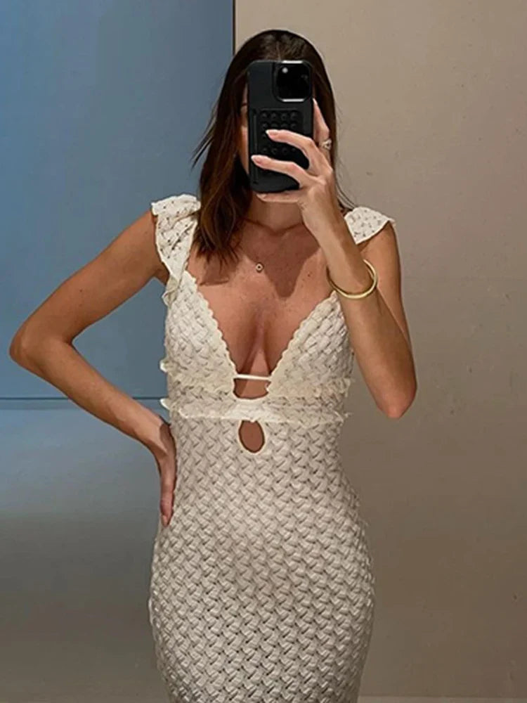 qgtao Sexy V-neck Knitted Hollow long Dress For Women Hip Wrap Sleeveless Fashion Solid Evening Party Maxi Knitwear Dress 2024