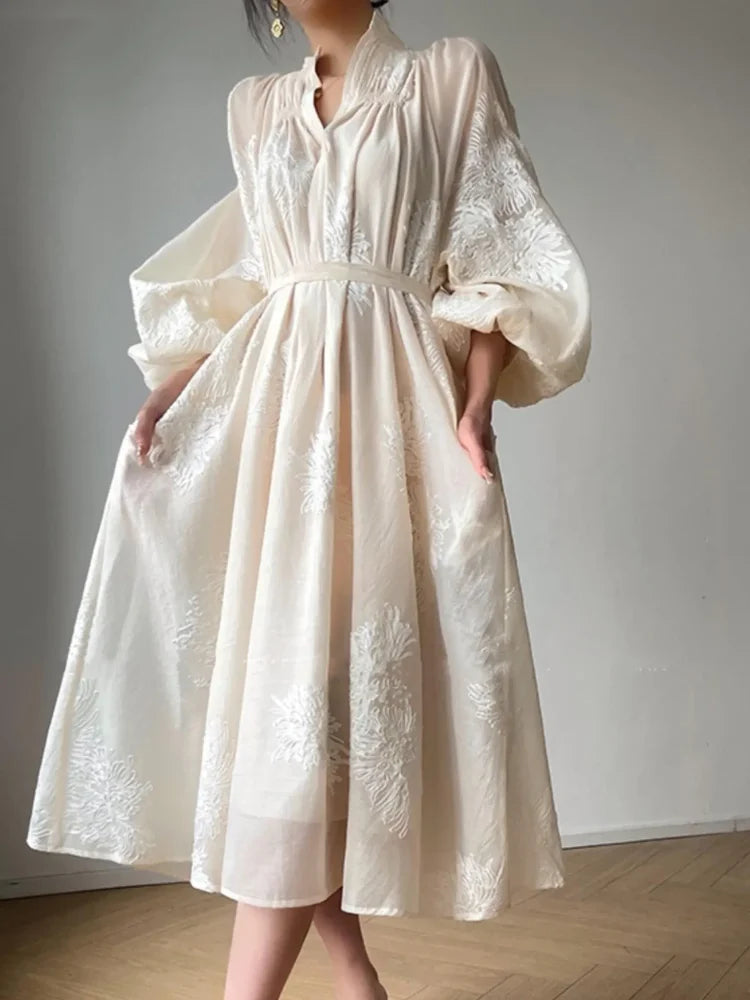 qgtao France Vintage Embroidery Midi Dresses for Women 2023 Elegant Evening Party V-Neck Lantern Sleeve Loose Casual Female Clothing