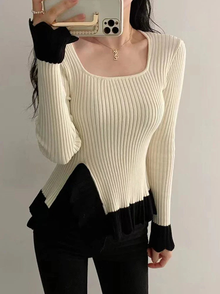 Tossy Ruffled Patchwork Vintage Pullover Sweater For Women Ribbed Contrast Elegant Long Sleeve Loose Knit Female Pullover 2024