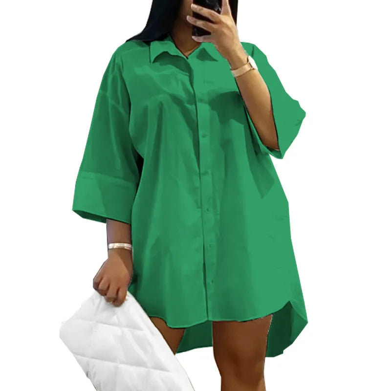 qgtao Plus Size 5XL Women Shirt Dress Solid Color Turn-down Collar Summer Mini Dress Lady Casual Loose Irregular Beach Dress Vestidos