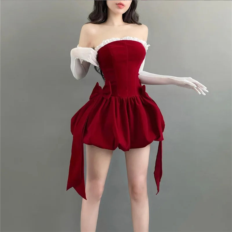 Sexy Bow Strapless Dresses Summer Women's Dress 2024 New Lace Slash Neck Solid Skinny High Waist Wrapped Chest Mini Dress Women
