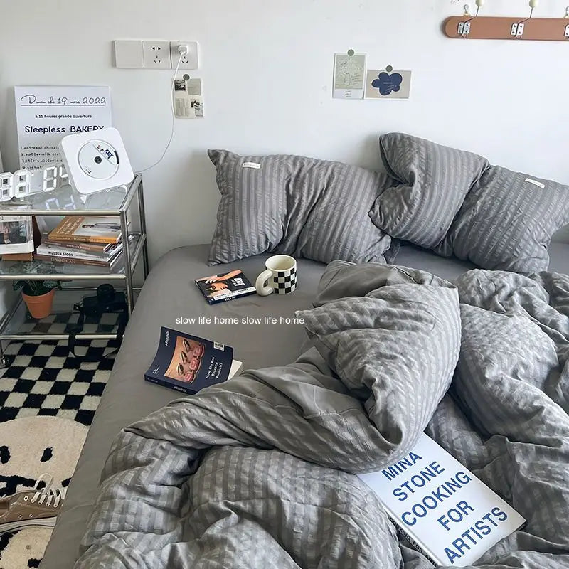 Yeknu Bedding Set Luxury High Grade Light  Washable Cotton Waffle Four Piece  Olive Green Quilt Cover Bed Sheet Dormitory Three Piece