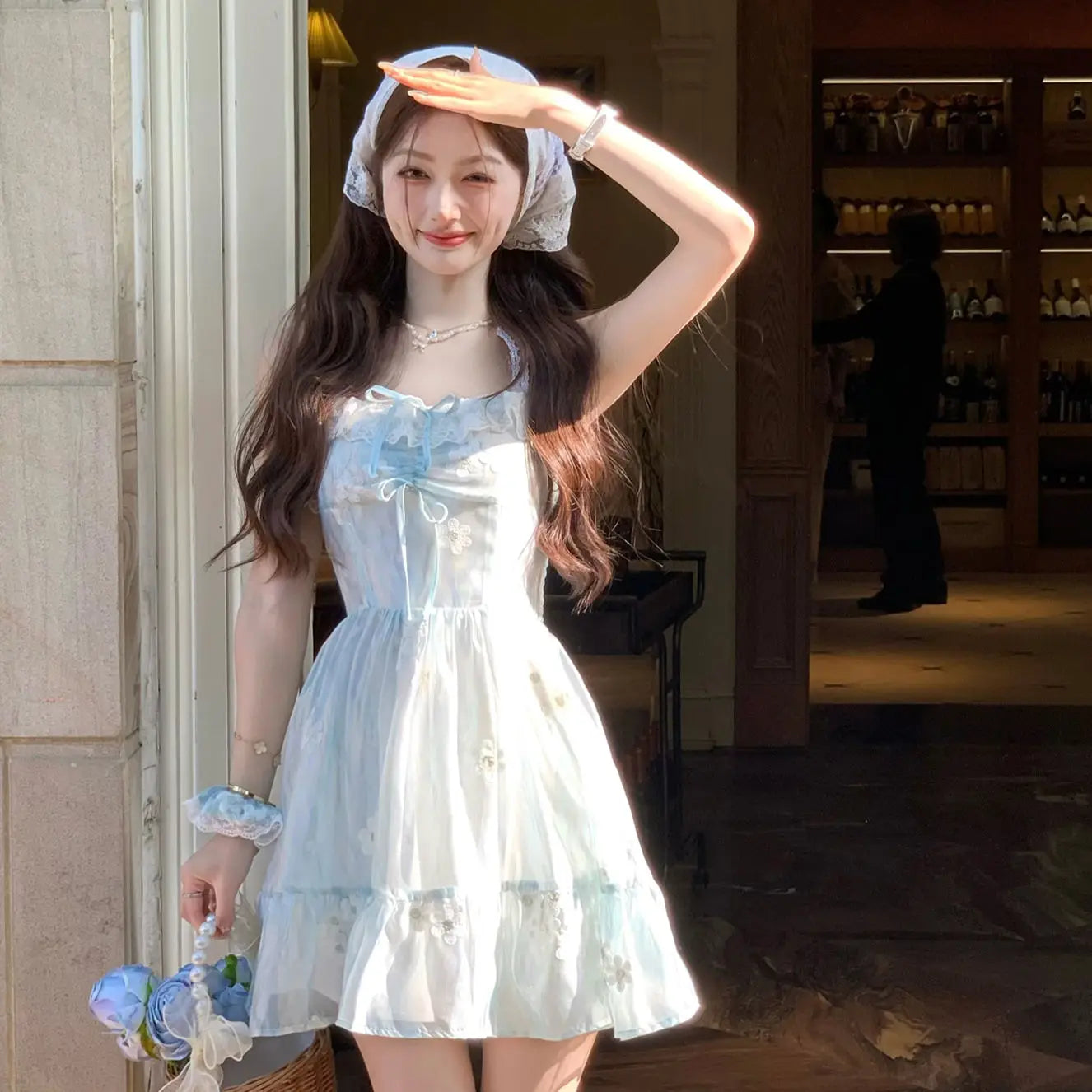 qgtao Autumn Sweet Fairy Mini Lace Dress Women Sexy Chic Embroidered Print Strap Dress Cute Casual Chiffon Beach Vacation Party Dress