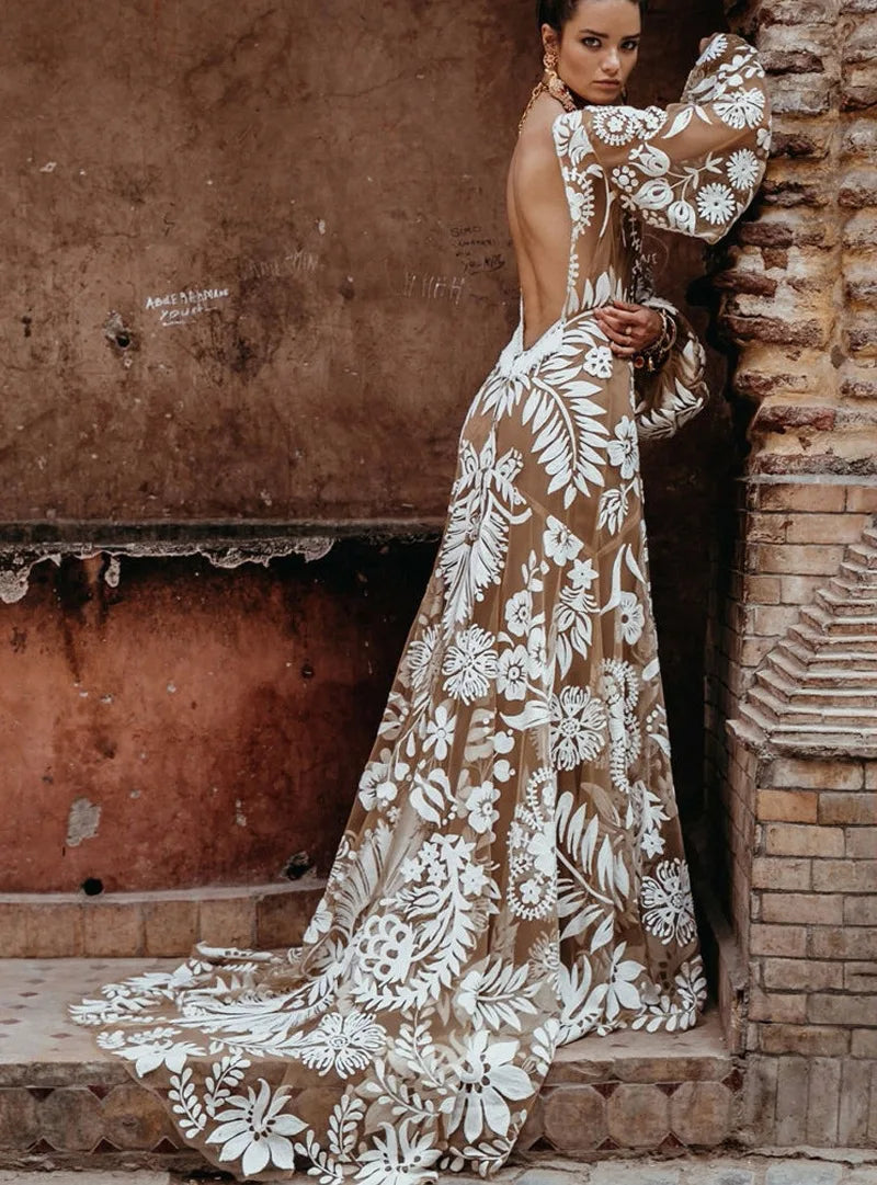 Bridal Luxury Evening Dresses Slim Fit Puff Sleeve V-Neck Long Sleeved Floor-Length New of Print Chiffon Dress Women